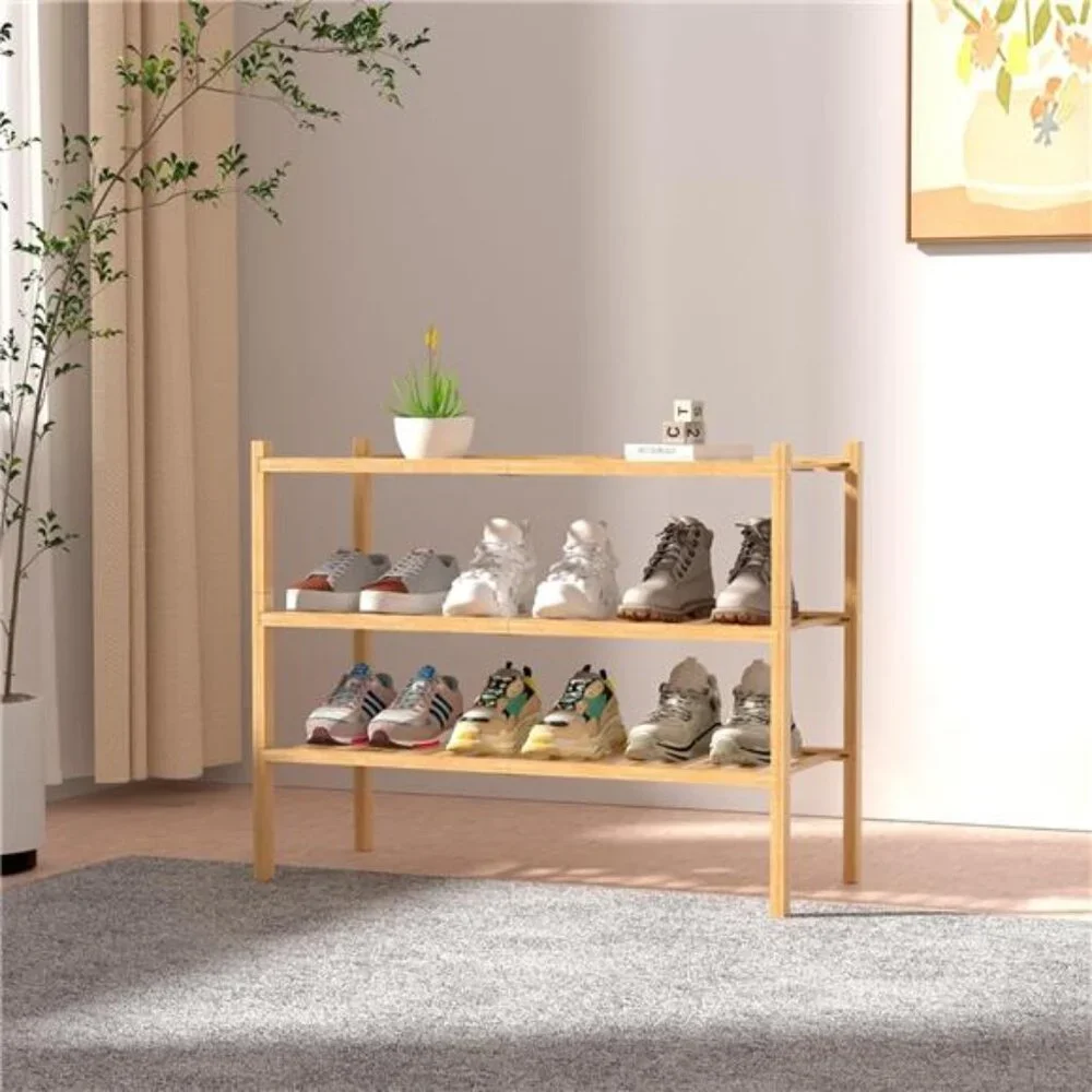 3 Tier Bamboo Shoe Rack for Closet Free Standing Wood Shoe Shelf Storage